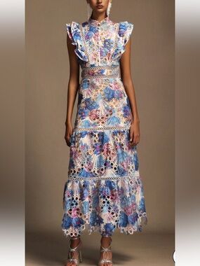 Floral Eyelet Maxi Dress in Blue and Pink